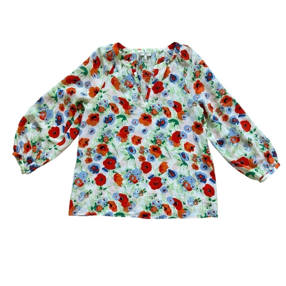 Joie Blouse Womens XS Multicolor Floral Poppy Print Tunic 3/4 Sleeve 100% Silk